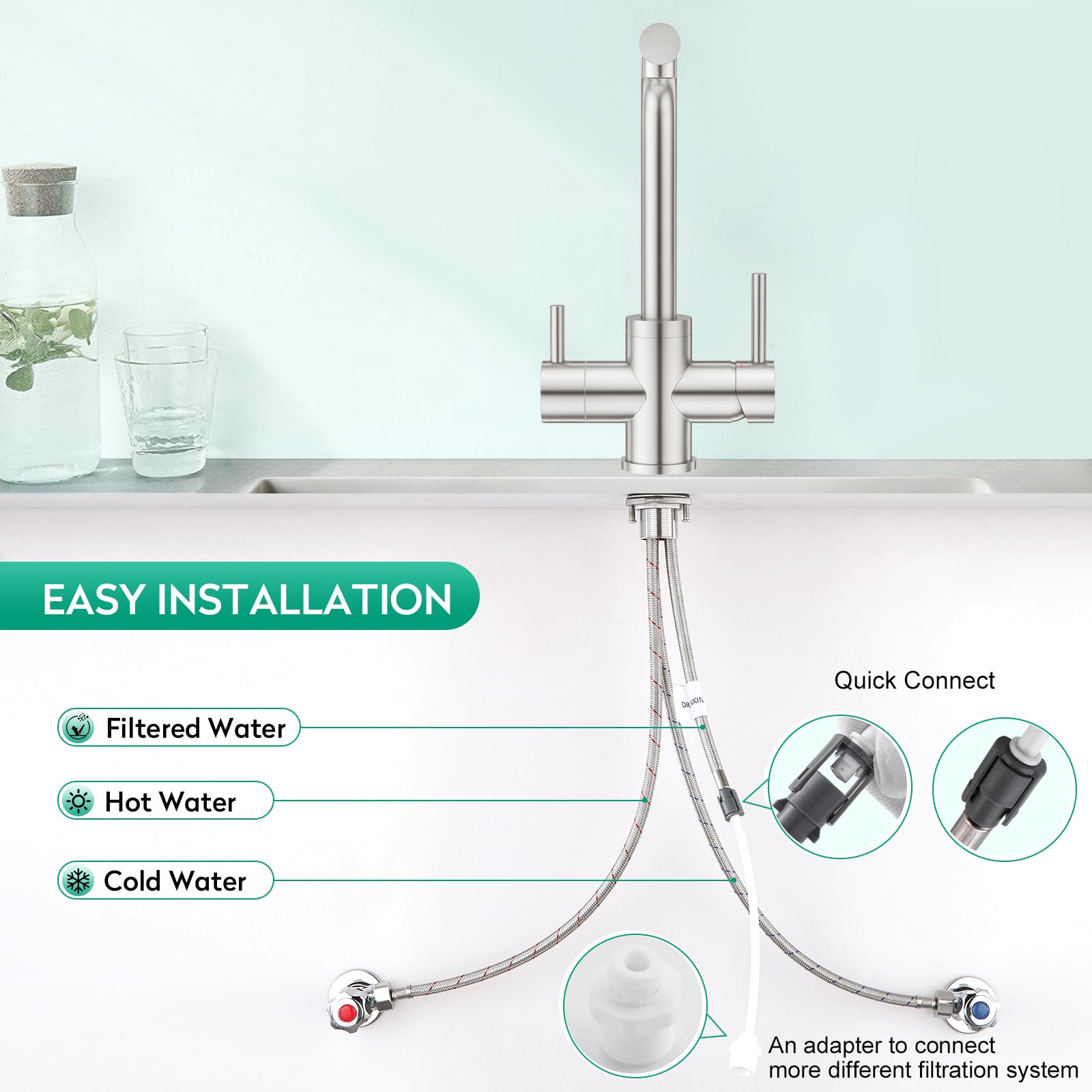 CREA 3 Wege Wasserhahn Küche Edelstahl, Mischbatterie Küche | 360° Drehbar Küchenarmatur, 3 in 1 Spültischarmatur für Wasserfilter, Trinkwasserhahn mit Doppelhebel, Gebürstete Oberfläche