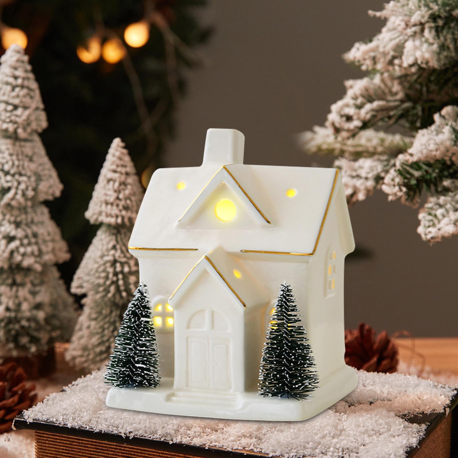 Weihnachtsdeko Porzellan Häuser Weiß, Weihnachtshaus Beleuchtet Lichthaus Keramik, Lichthaus Weiss Weihnachtsdorf Mit Batteriebetriebenen LED Leuchten Weihnachten (E+F)