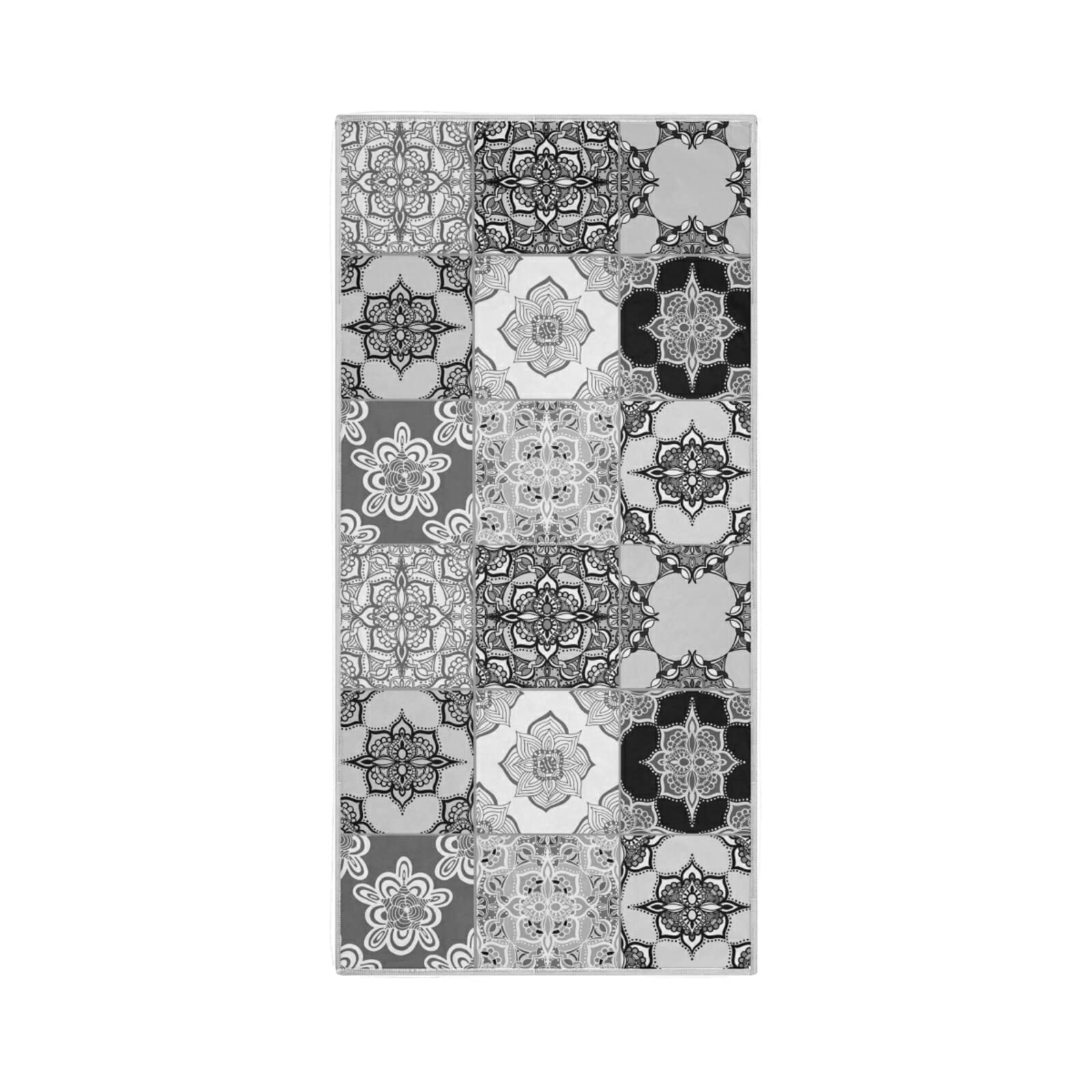 Poeticcity White Tribal Moroccan Portuguese Tiles Ornaments Black Pattern Fast Drying Soft Face Bath Towel, Kitchen Dish Towels Washcloth, Absorbent Dish Hand Towels For Hotel Gym Yoga 30 X 15 Inches