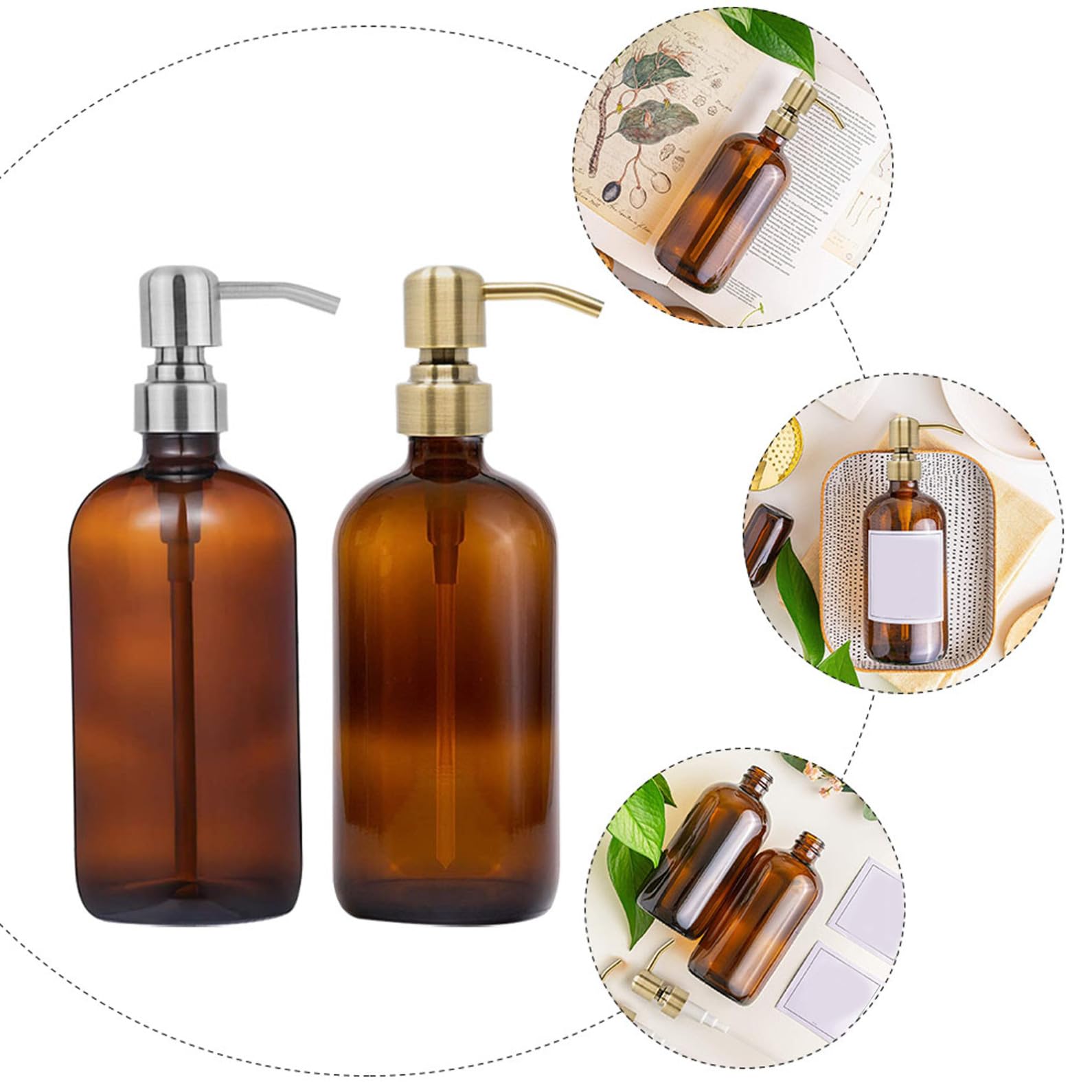 Healvian 4sätze Pumpflaschenspender Aus Braunem Glas Runde Seifenspenderflasche Wiederverwendbar Für Bad Und Küche Mit Pumpspender Für Flüssigseife Und Shampoo