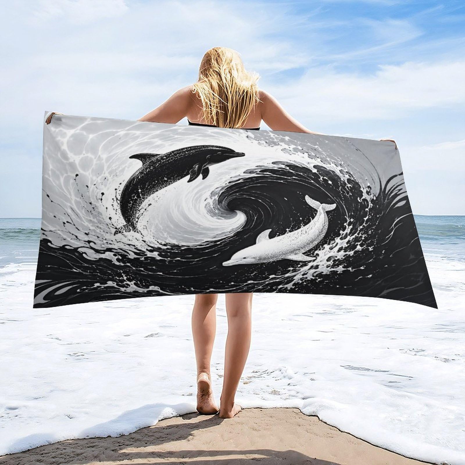 Anceky Dolphin Wave Beach Towel 30"×60",Soft Microfiber Bath Towel Shawl, Quick Dry Absorbent Pool Spa Gym Shower Towel