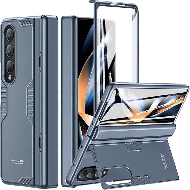 spoovcto for Samsung Galaxy Z Fold 4 Case: [Hidden Kickstand] [Screen Protector], Full Body Hinge Protection Slim Case, Wireless Charging Phone Stand Cover for Samsung Galaxy Z Fold 4 5G (Blue)