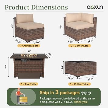 Aoxun 8 Piece Patio Furniture Set with 44 Fire Pit Table Wicker Rattan Outdoor Sectional Sofa Set with Coffee Table and Thickened Cushions, Beige