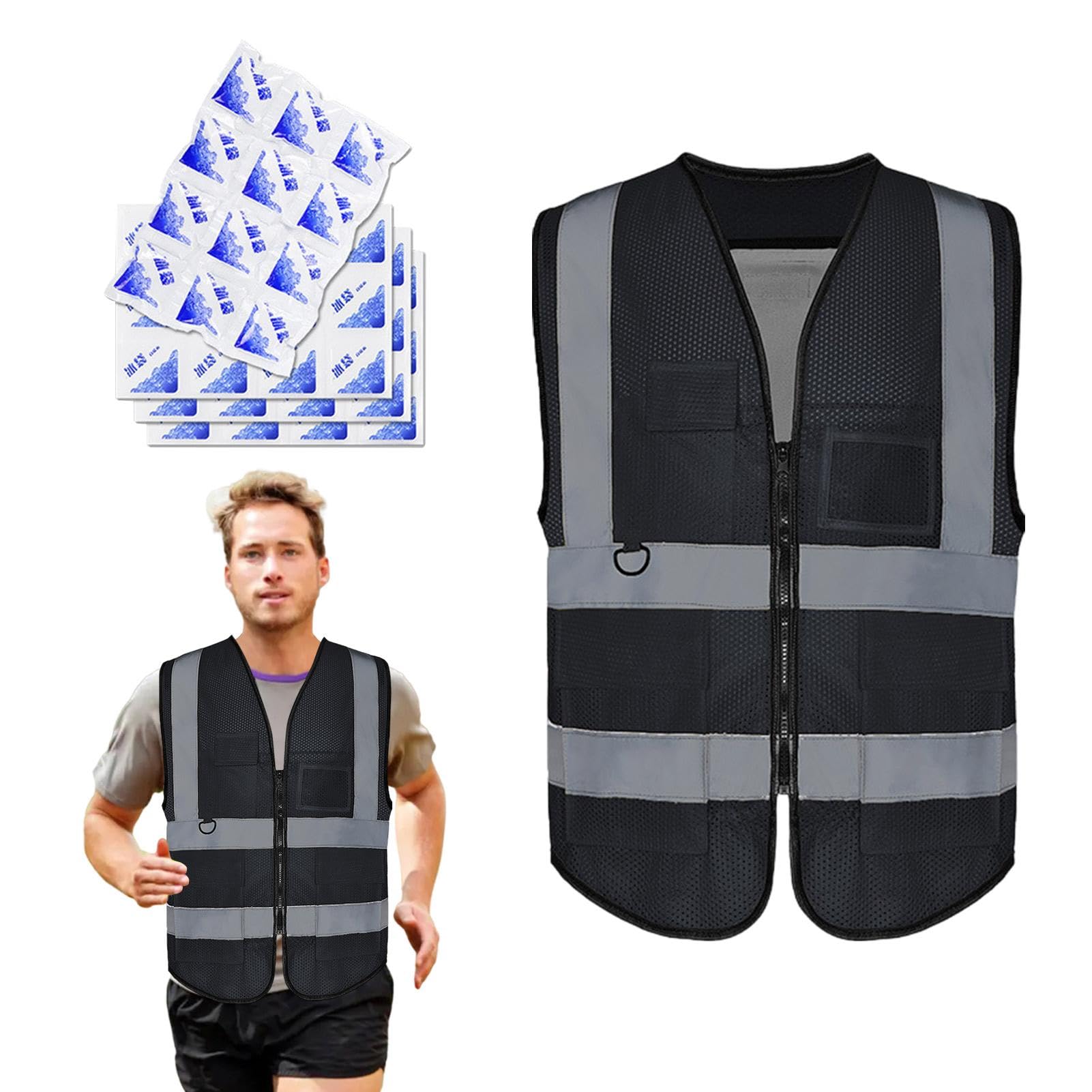 Kühlweste mit Kühlakkus, Kühlsicherheitsweste - Reflektierende Sicherheitskleidung Kühljacke Westen | Klimaanlagenweste mit Mesh-Design und Taschen für Männer und Frauen bei der Arbeit bei