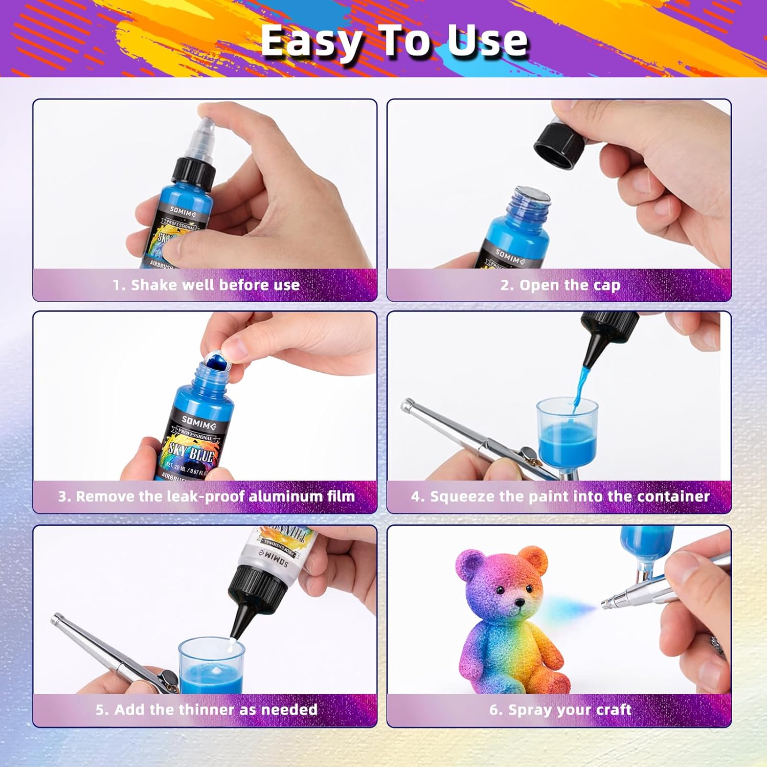 Somime Airbrush Paint Set, 44 Colors with 6 Thinner Air Brush Paint, Water-Based Acrylic Airbrush Paints for Wood, Metal, Canvas, and Models