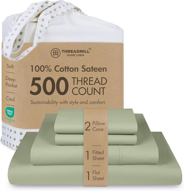 Threadmill 5-Star Hotel 500 Thread Count Best Bed Sheets, 100% Cotton Sheets Set for Queen Size Bed, Smoother Than Egyptian Cotton Claims, 4 Pc Set with Deep Pockets (Sage Green) | 100% Cotton, Sateen Weave, 4-Piece Set, OEKO-TEX Certified, Machine Washable