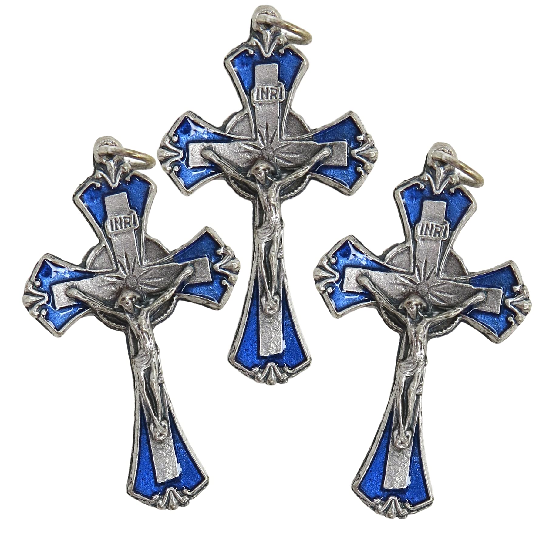 Bulk Lot of 3 Oxidized Silver Blue Enamel Cross 1 3/4" INRI Crucifix