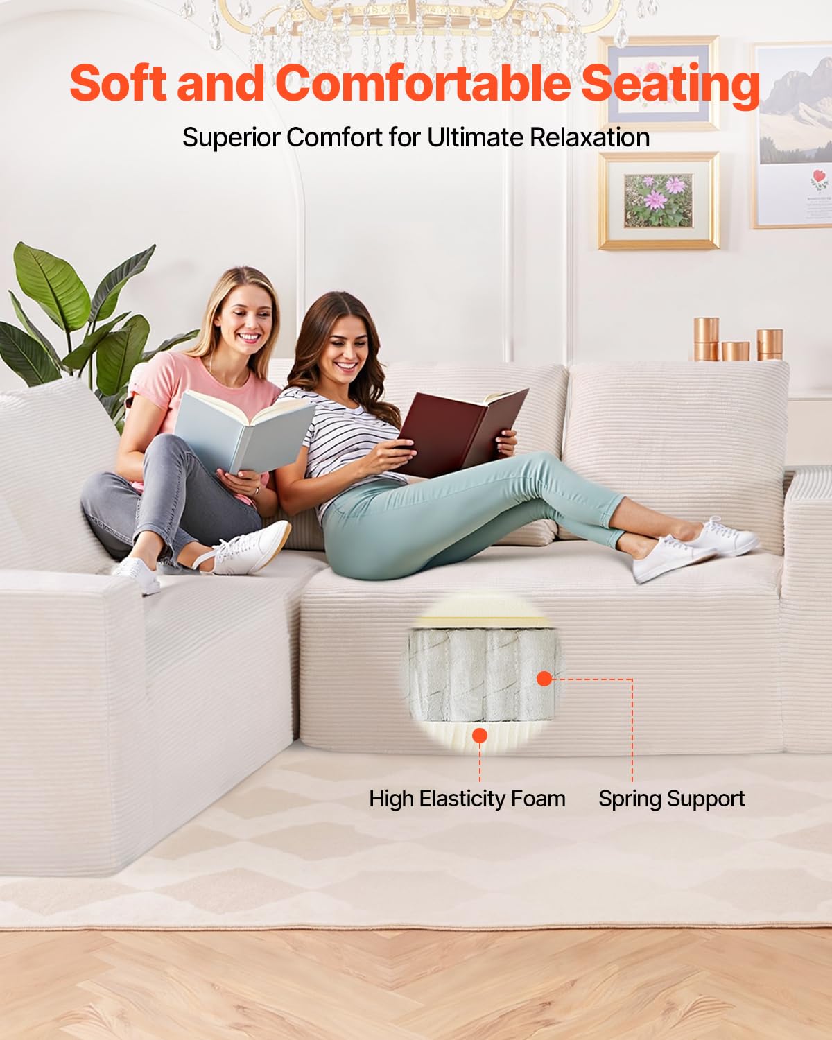 VEVOR Sofá Modular Seccional en Forma de L 2100 x 2100 x 570 mm, Sofá Seccional Nube con Esponja de Alto Rebote y Densidad, Sofá de Pana Tapizado con Cojín para Sala de Estar, Apartamento, Beige