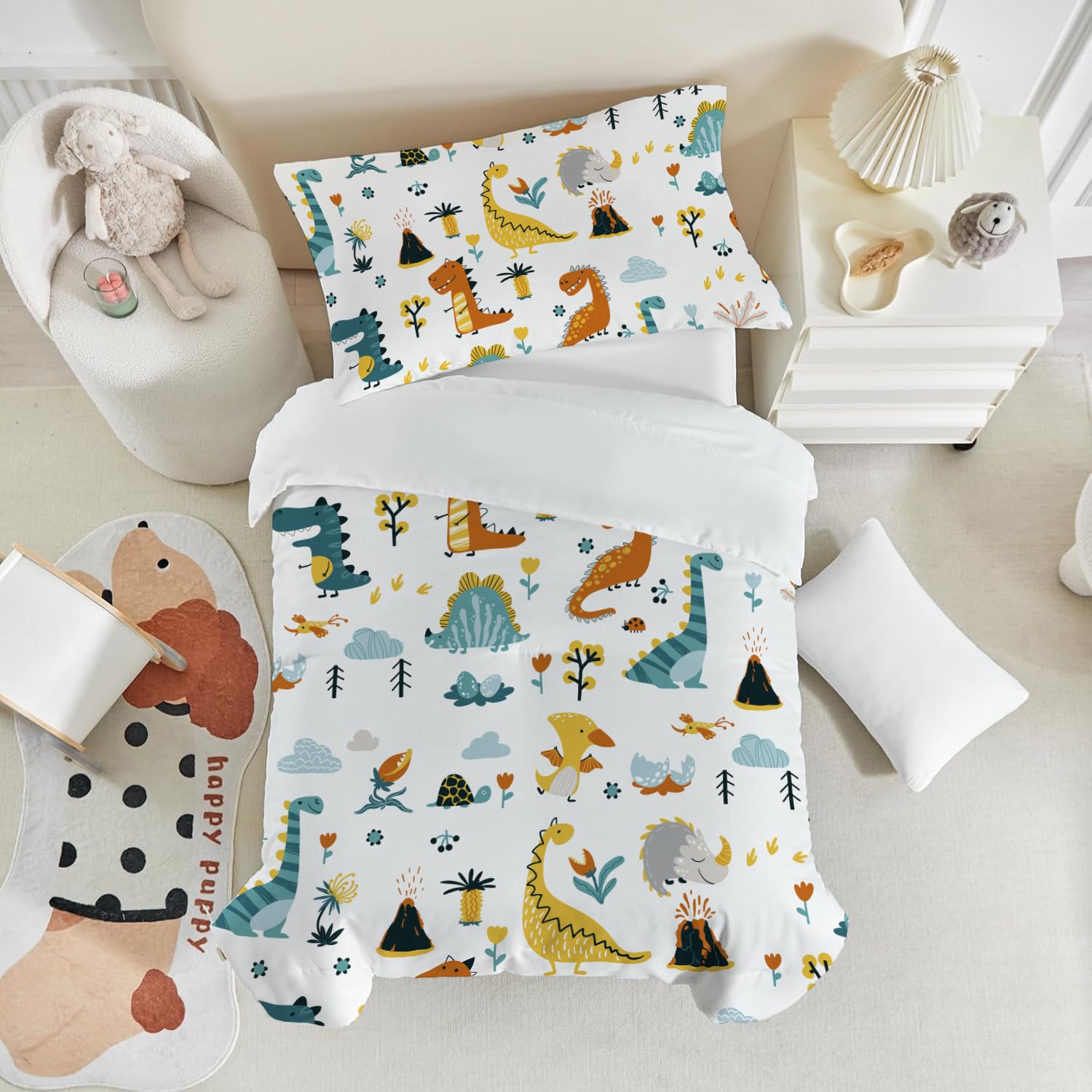 DJDEA Toddler Duvet Cover Set 120x150cm, Dinosaur Pattern Print Duvet Cover Set