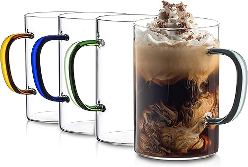 Juego de 4 tazas de café de vidrio transparente, tazas de café grandes de 17 onzas, ideales para latte, capuchino, té, taza de vidrio de alta