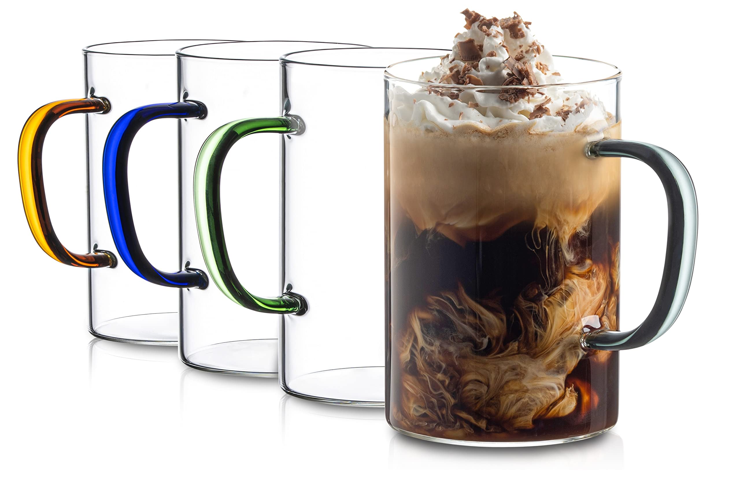Amazon.com: Clear Glass Coffee Mugs Set of 4  17 Oz Large Coffee Cups  Ideal for Latte, Cappuccino, Tea  Premium Glass Mug for Hot Beverages with  Colored Handles  Dishwasher and