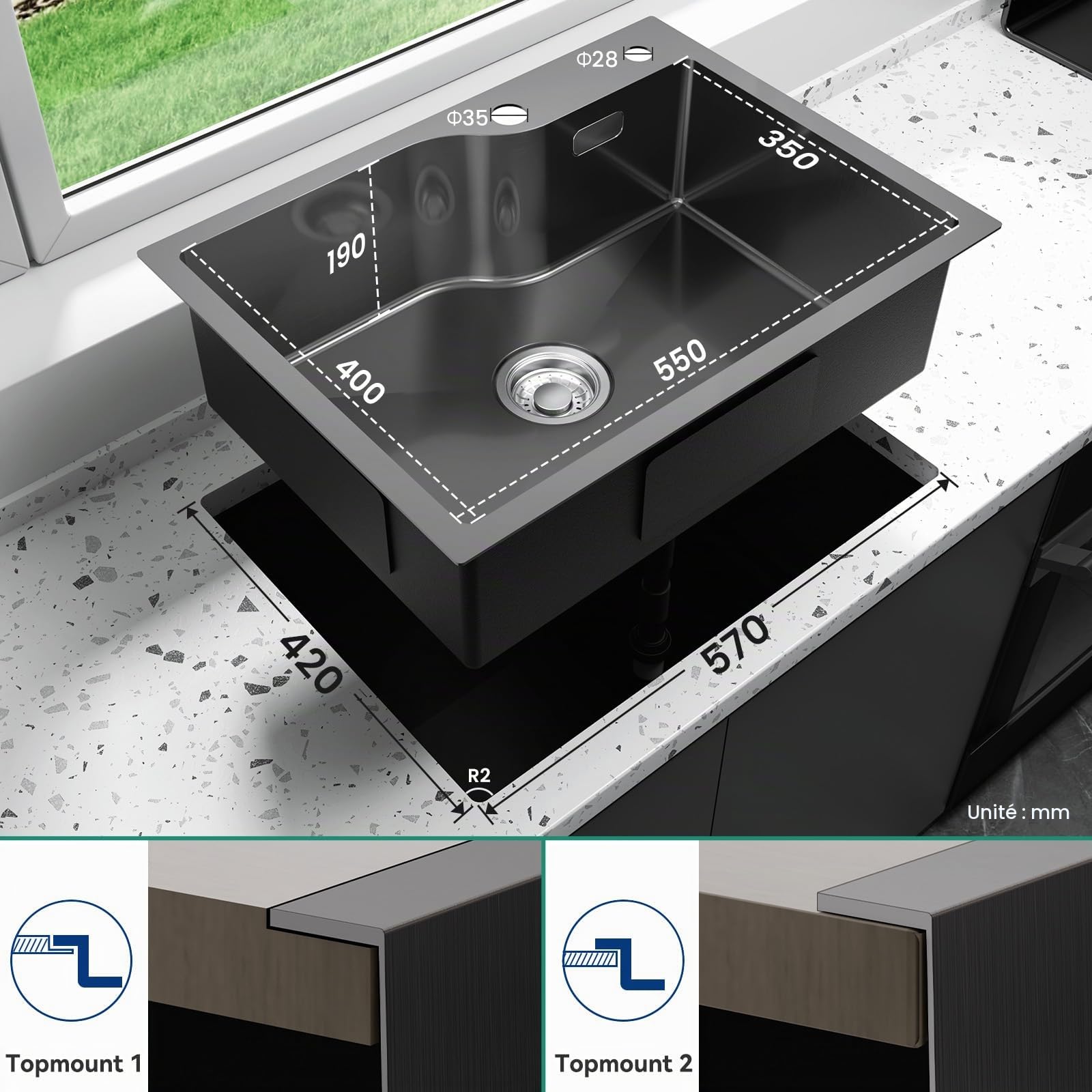 CECIPA Évier noir en acier inoxydable 60x45 cm, Évier anthracite avec panier d'égouttement, Évier de cuisine noir avec trou de robinet pour à partir de 60cm, Évier encastrable en acier inoxydable avec