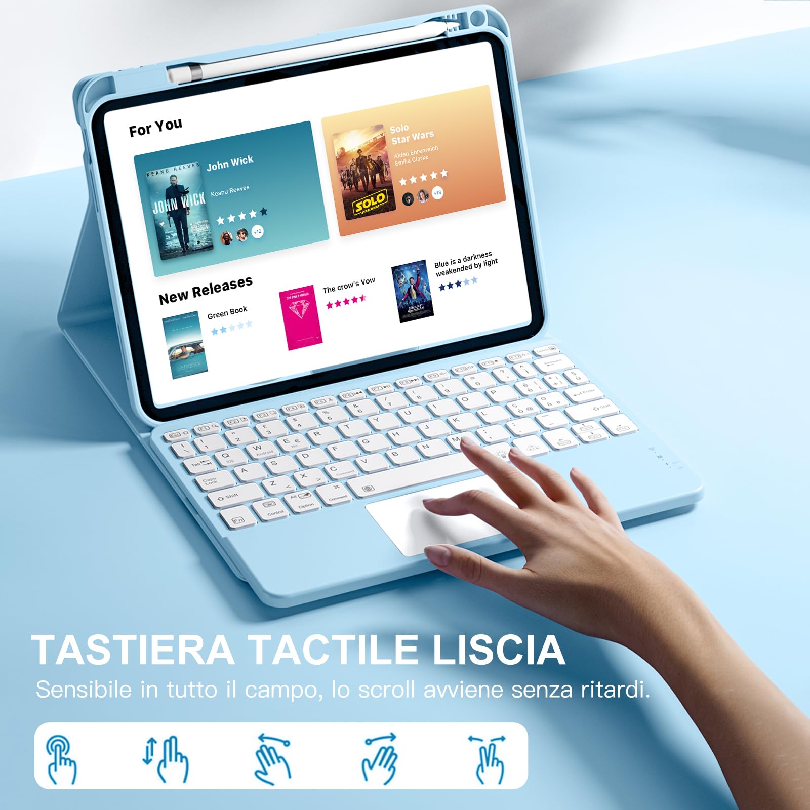 Vobafe Tastiera iPad 10 Generazione 10.9 Pollici 2022, Cover con Tastiera Rimovibile iPad A16 11 Gen 2025 con Trackpad, Italiano QWERTY con 7 Colori Illuminato, Custodia con Portapenna,Blu chiaro