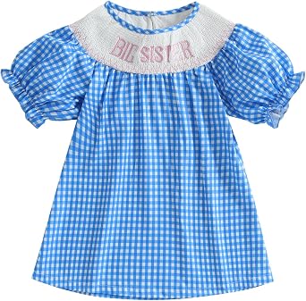 Toddler Girls Smocked Daddys Girl Dress Short Sleeve Plaid Letter Embroidery Bubble A-line Pink Bishop Dresses