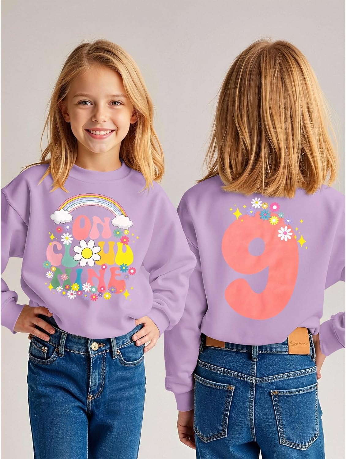 On Cloud Nine Birthday Girl Sweatshirt 9th Girl Birthday Outfit Rainbow Kid 9 Year Old Bday Party Long Sleeve Shirt - Image 4