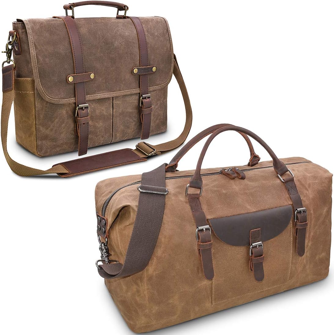 Mens Messenger Bag, Oversized Travel Duffel Bag Waterproof Canvas Genuine Leather Weekend bag and Briefcase Weekender Overnight Carryon Hand Bag