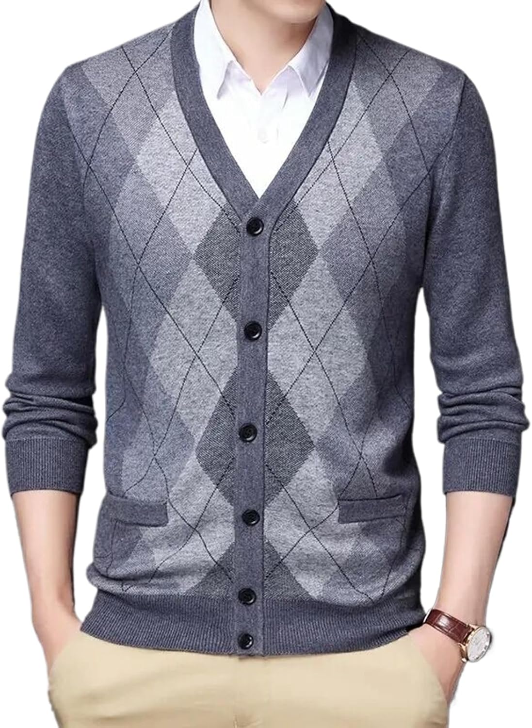 Spring Autumn Men's Patchwork Knit Cardigan V-Neck Casual Knitted Sweatercoat Slim Fit Sweater