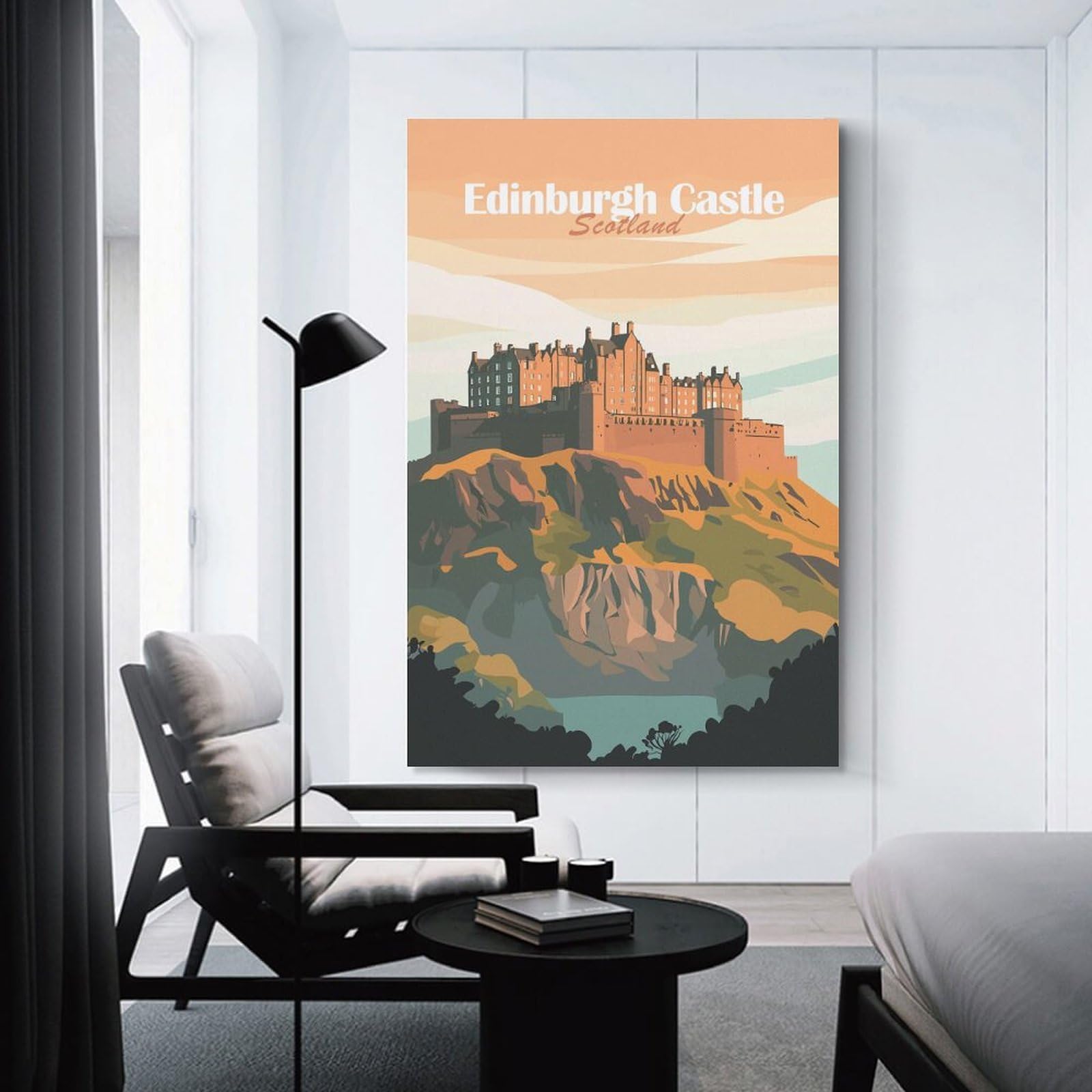 Junmoney Hanging Wall Art Edinburgh Castle Illustration, 24x36inch(60x90cm), for Wall Displays, Bedrooms Or Room Updates, Wall Decor Suited to Curated Displays