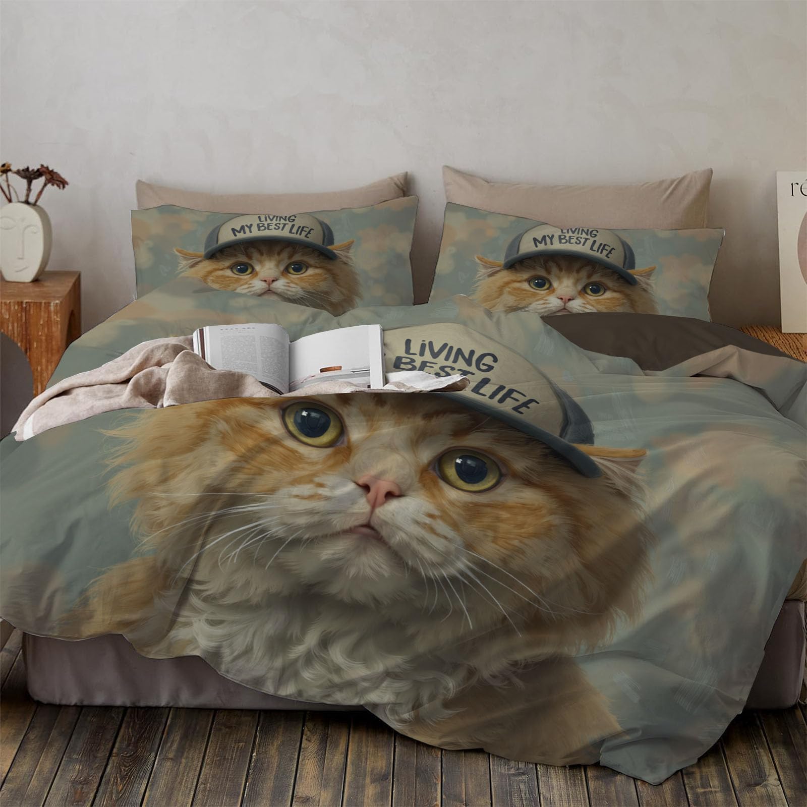 Housse de couette chat orange parure de lit 200x200 pour des nuits douces pleines de tendresse