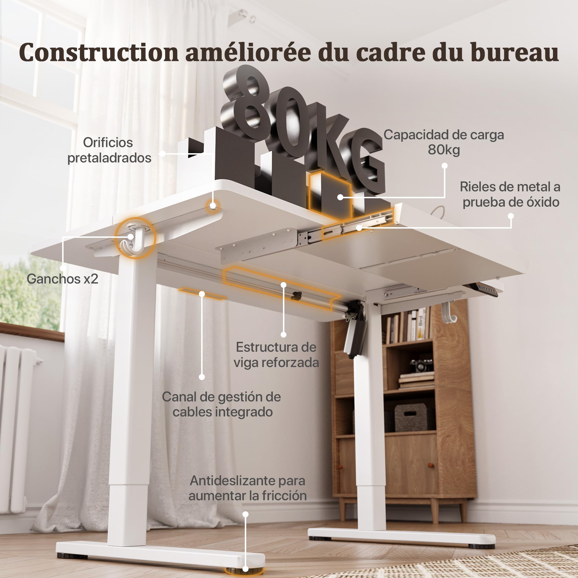 Claiks 120x60cm Escritorio Regulable en Altura con Cajones,80KG Capacidad de Carga Escritorio Elevable con 3 Memorias Inteligentes & 2 Gancho para Auriculares, Blancos