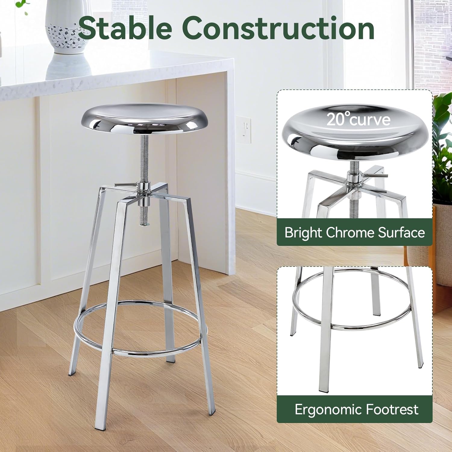 Chrome Bar Stools Set of 2, Adjustable Height 360° Swivel Bar Stools, Backless Industrial Metal Counter Stools with Footrest, Bar Chairs for Kitchen Island, Home Bar, Pub, Bistro