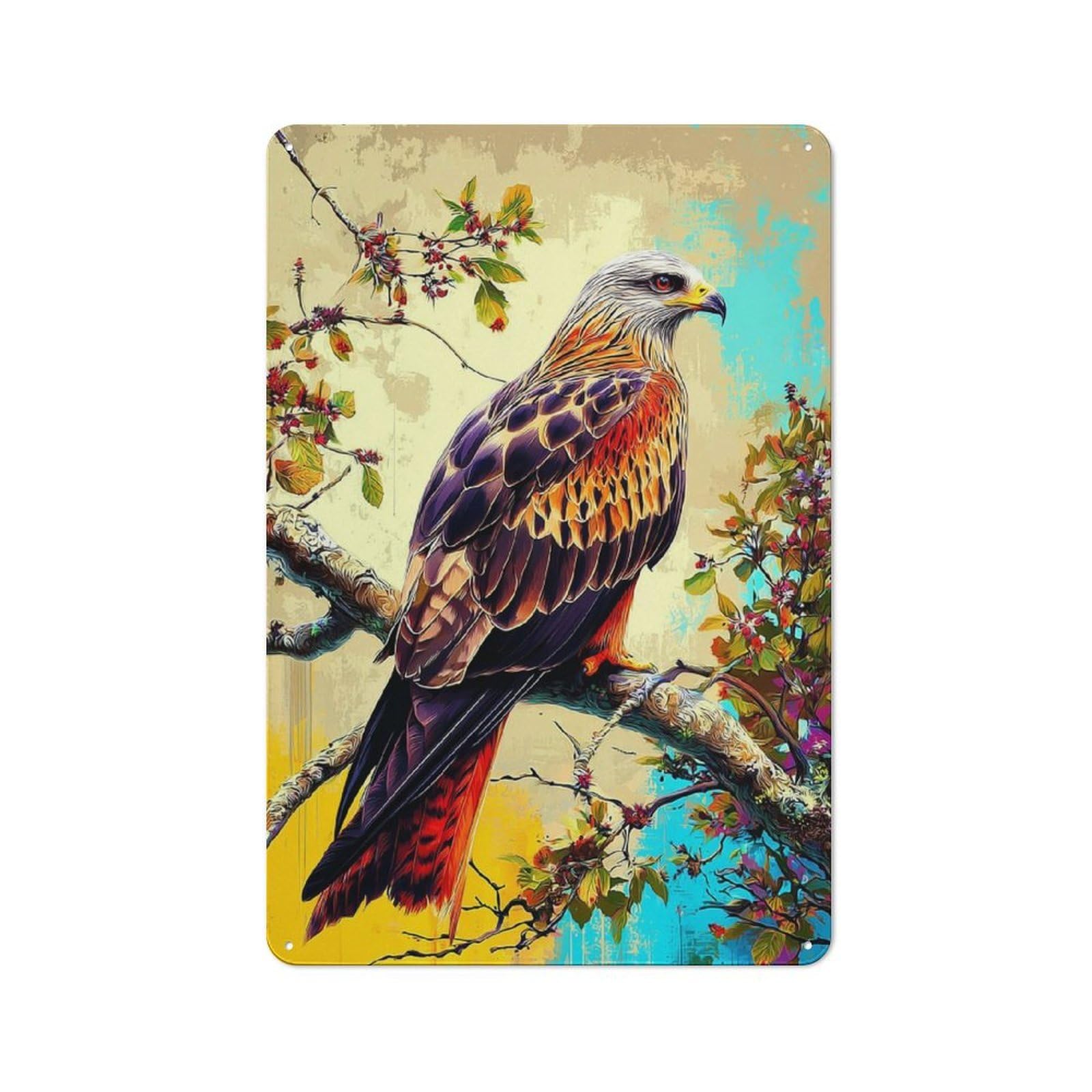 Eagle Perched on Branch with Flowers Metal Wall Art Sign 30x20cm, Modern Retro Urban Room Decor for Modern Home, Workshop, Office Or Cafe