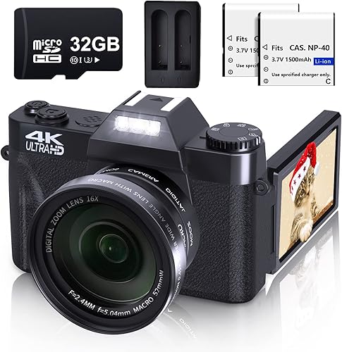 VJIANGER Cámara digital4K de 48megapíxeles con enfoque automático para videoblogs con pantalla giratoria IPS de 3pulgadas 30fotogramas por segundo