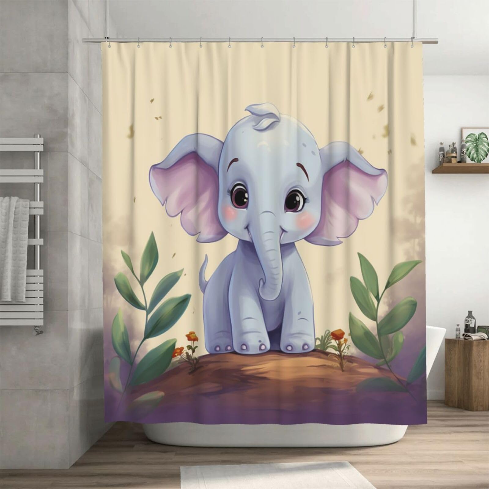 Rideau de douche pour salle de bain motif éléphant étanche avec crochets de baignoire
