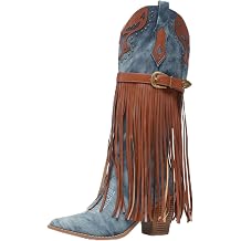 NEWBELLA Womens Western Cowboy Boots - Embroidered Fringe Pointed Toe Cowgirl Boots Chunky Heel Mid Calf Boots with Side Zip