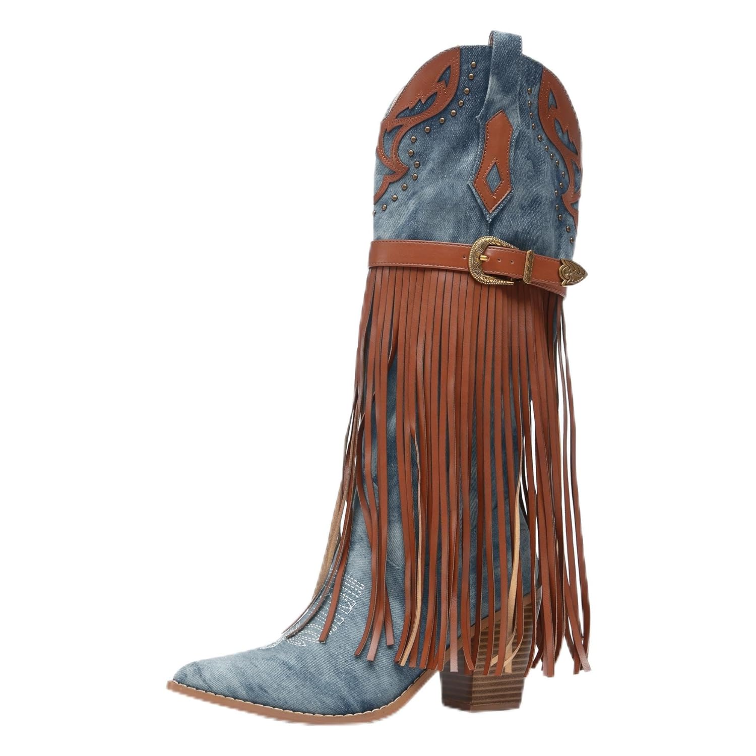 NEWBELLA Womens Western Cowboy Boots - Embroidered Fringe Pointed Toe Cowgirl Boots Chunky Heel Mid Calf Boots with