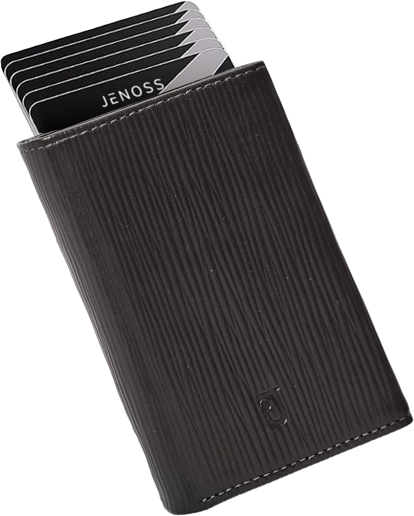 Jenoss Smart Wallet For Men: Full Grain Leather, Handcrafted, Slide Metal Pop Up Case, Slim RFID Blocking Credit Card Holder, Minimalist, Compact - 9-12 Card Organizers | ID | Money Clip (EPI Brown)
