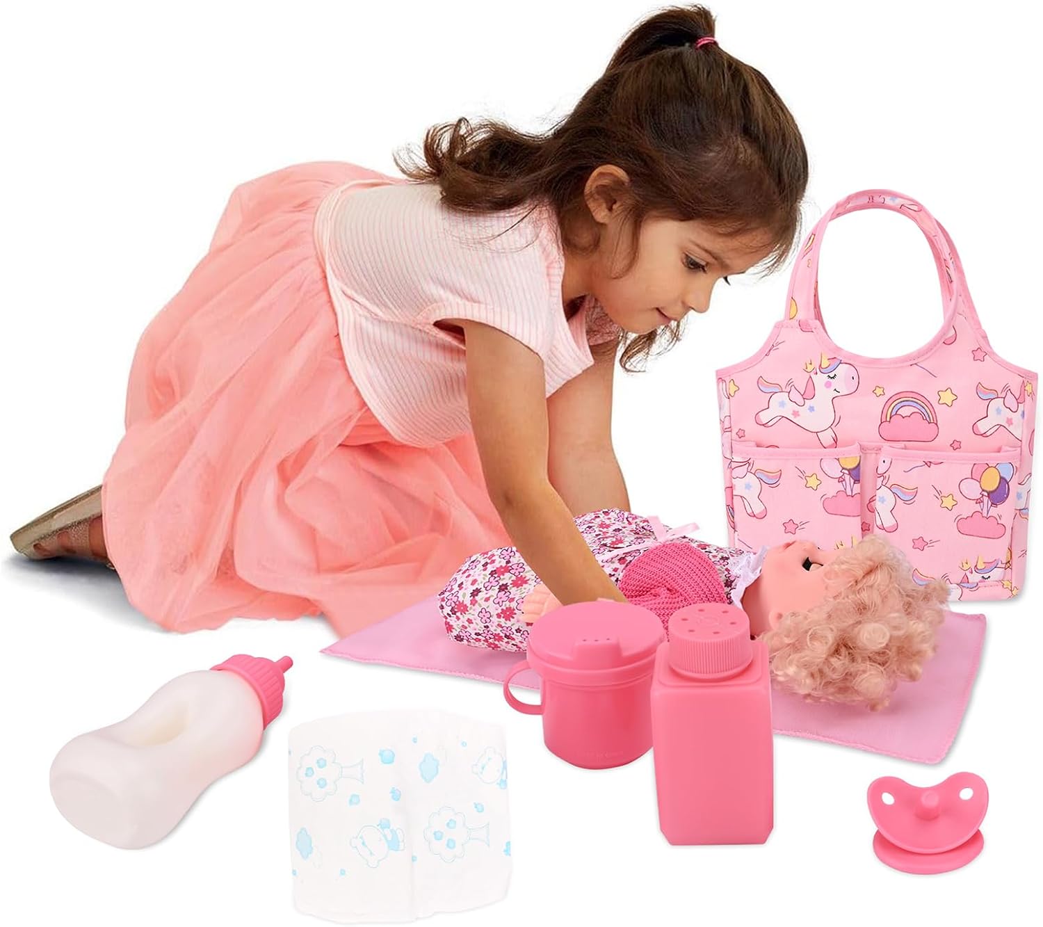 Bebamour 7 Pcs Baby Doll Diaper Bag Set Baby Doll Bottles and Doll Accessories Doll Feeding Set Including Diaper Bag,Changing Pad for 12-15 Inches Dolls (Unicorn)