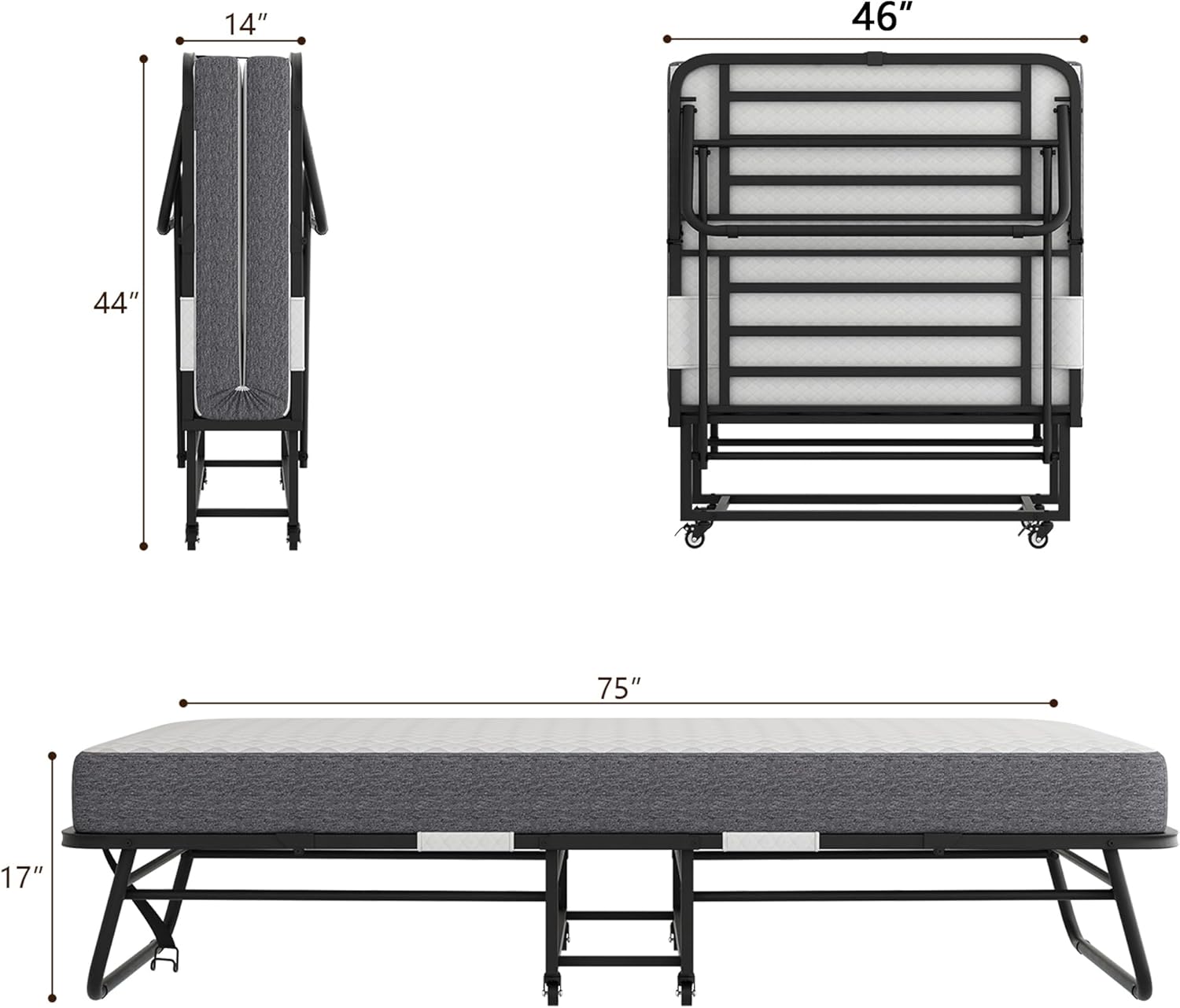 Folding Twin Bed with Mattress 75" x 46" Rollaway Guest Beds Portable Foldable Bed for Adults with 5" Memory Foam Mattress Space-Saving Sturdy Metal Frame