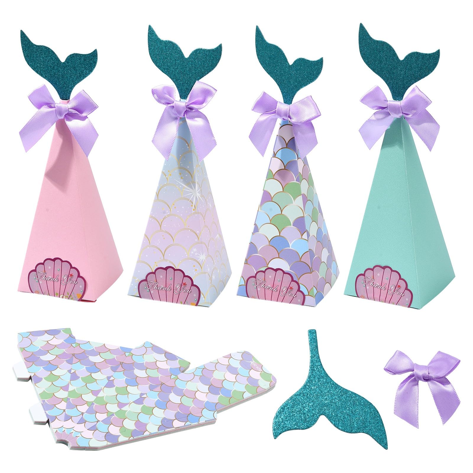 UR URLIFEHALL 20 Pcs 4 Styles Mermaid Gift Boxes Triangle Cone Mermaid Tail Cardboard Boxes for Presents Candy Cookies Wrapping Party Favour โ image 1