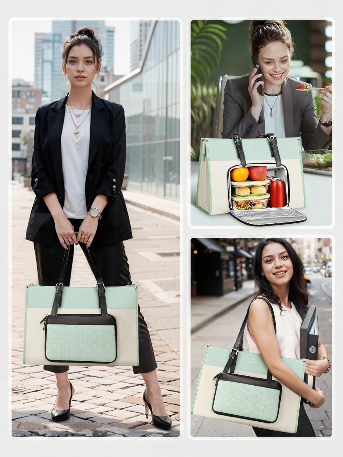 MATEIN 2 in 1 Tote Bag Lunch Bag Combo, 15.6 Inch PU Leather Briefcase for Laptop, Multi Compartment Lunch Handbag Purse for Women, Leakproof Work Tote with Cooler Bag for Picnic, Pale Green