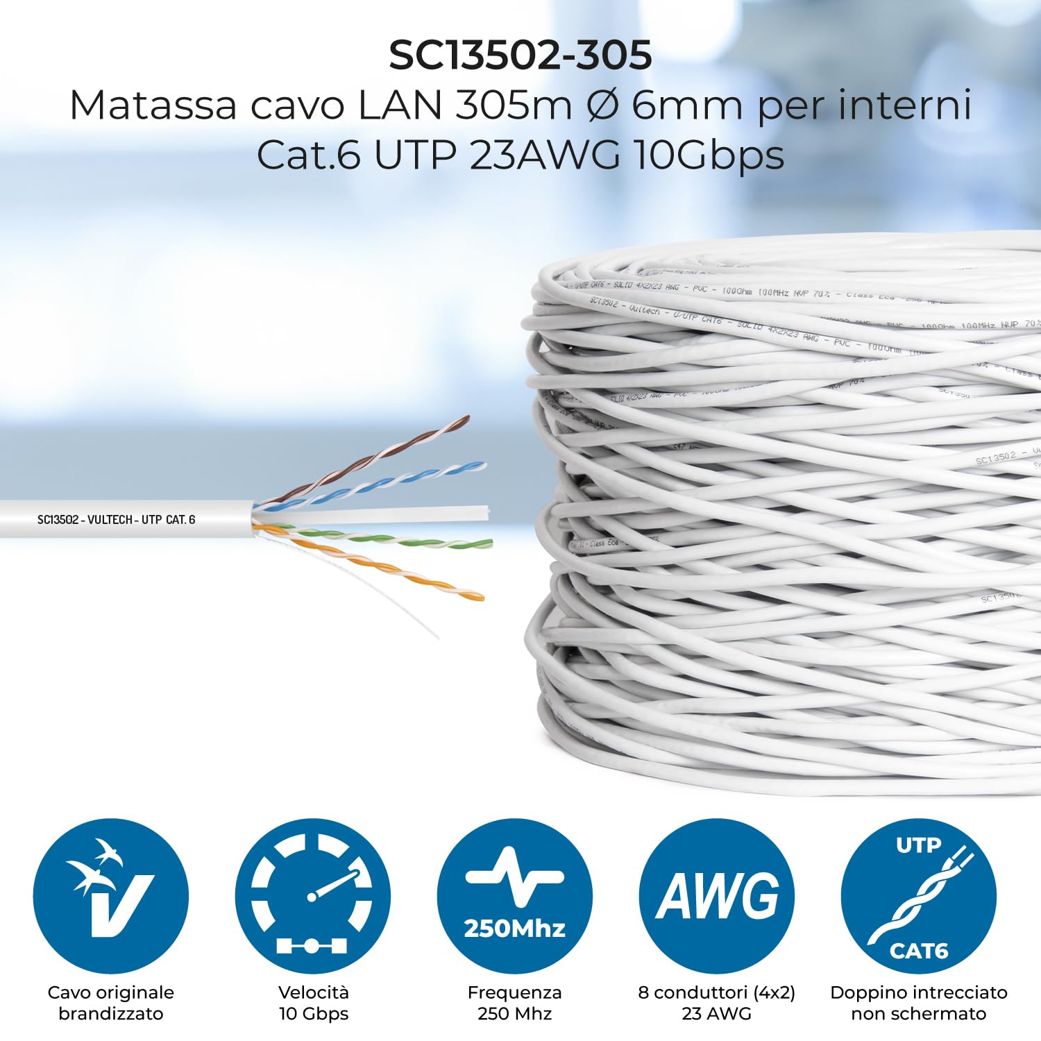 Vultech sc13502 – 305 – Câble réseau (CAT6, F/UTP (FTP), 10/100/1000Base-T (x), gris, Chlorure de vinyle (PVC), Stranded)