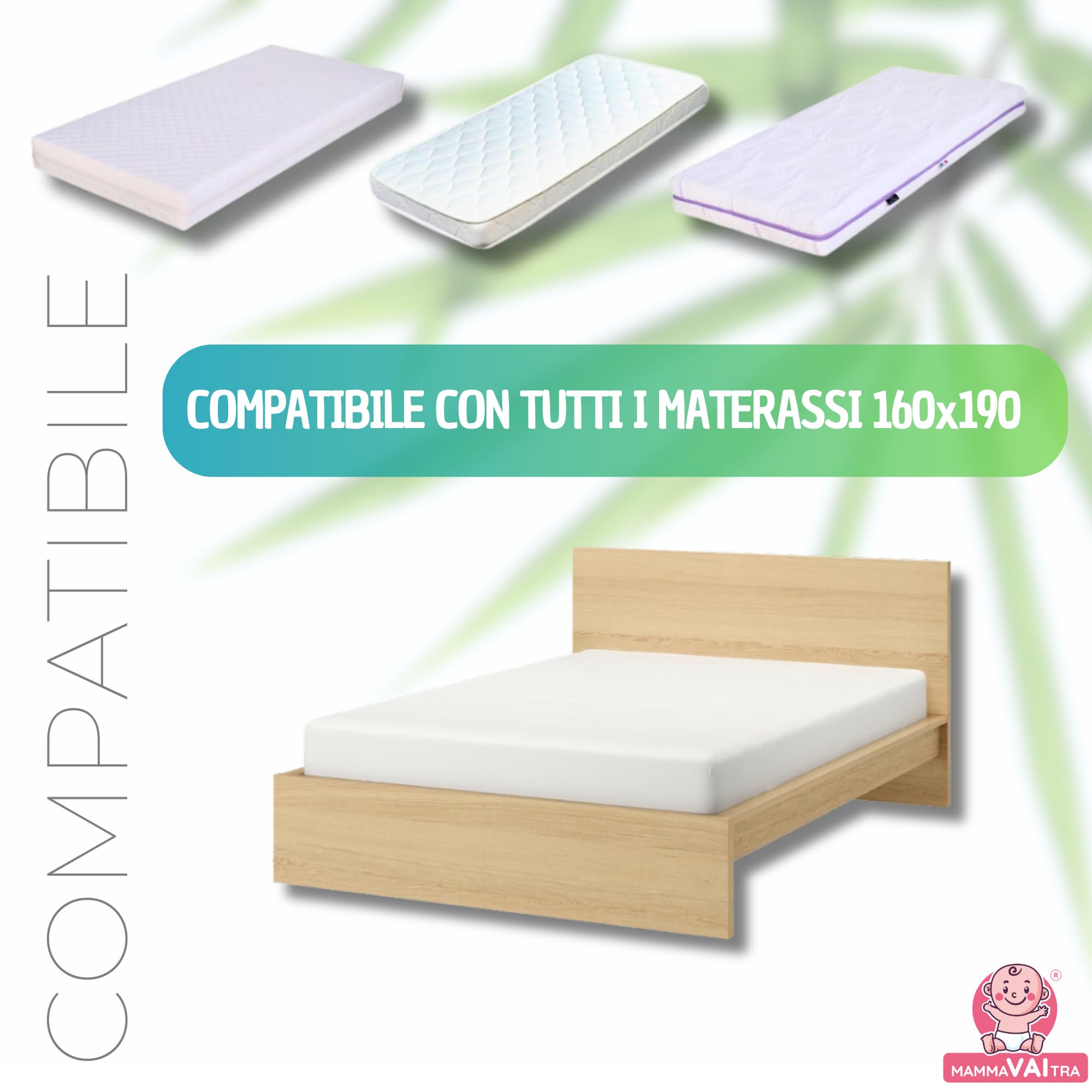 Coprimaterasso Matrimoniale Impermeabile in Bambù 160x190x30 cm