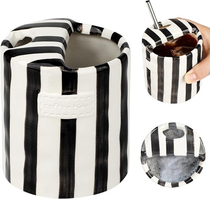 Novelty Ceramic Coffee Mug Designed to Look Like a Gift Box, 10oz Retro Hand-Painted Ceramic Travel Mug, Green & White Striped Design, Microwave & Dishwasher Safe, Perfect Present for Coffee Lovers