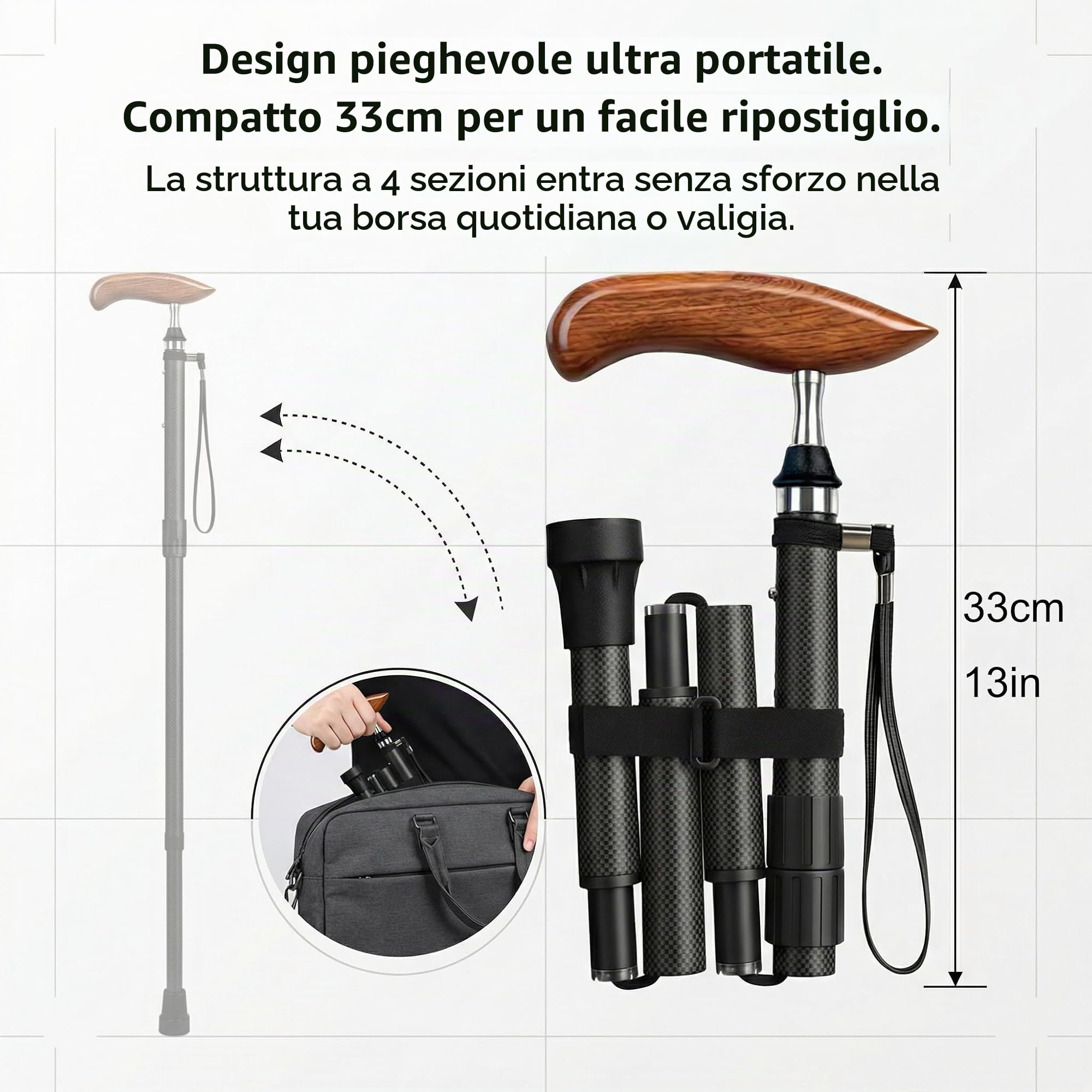bastone per anziani, bastone da passeggio elegante con manico in legno naturale, bastone pieghevole regolabile 85–95 cm, struttura in carbon fiber