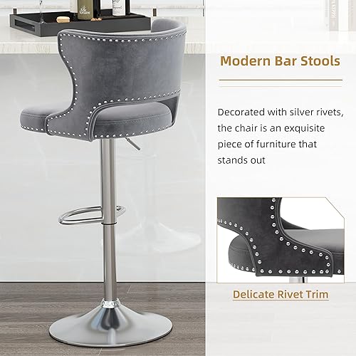 Miniatura 7 de Westice Juego de 2 taburetes de bar, taburetes de bar giratorios de terciopelo ajustables con respaldo hueco, ribete de remache y base cromada