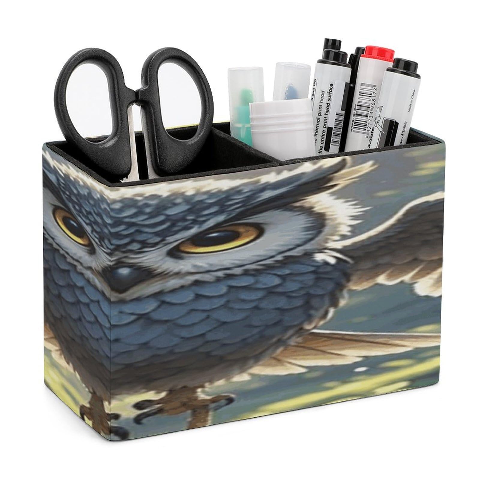 FekiLoot Anime Owl Leather Pen Holder for Desk Double Compartments Brush Minimalist PU Leather Pencil Holder Locker Organizer for Work Locker Accessories Pencil Cup for Desk