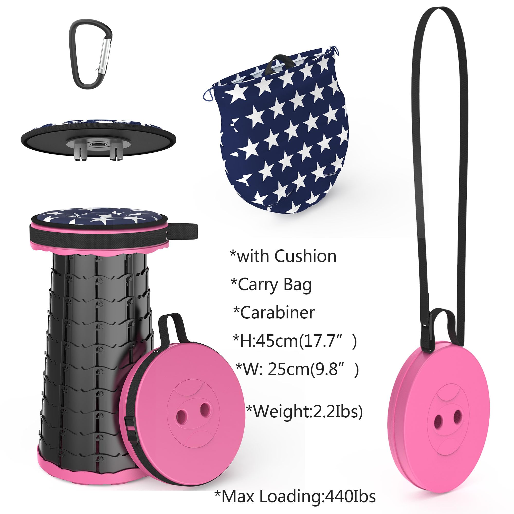 ALEVMOOM Upgraded Folding Stool with Cushion,Portable Collapsible Retractable Stool,Outdoor Chair,Yet More Sturdy Load Capacity 440lbs for Camping Garden Fishing Hiking BBQ with Carry Bag