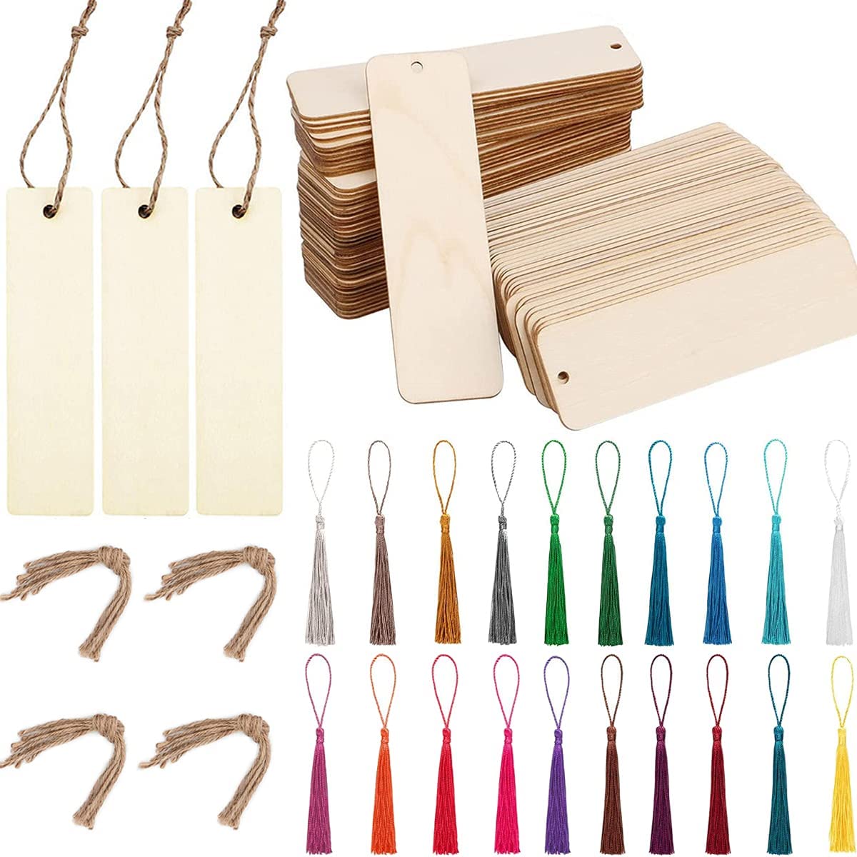 Vegcoo [Multiple] 216 Pcs Blank Wood Bookmarks Set, 72 Pcs Wood Bookmark + Colorful Tassels + Rope, Rectangle Diy Bookmarks For Adults Kids Make Diy Creative Craft Bookmark,12 * 3.2Cm