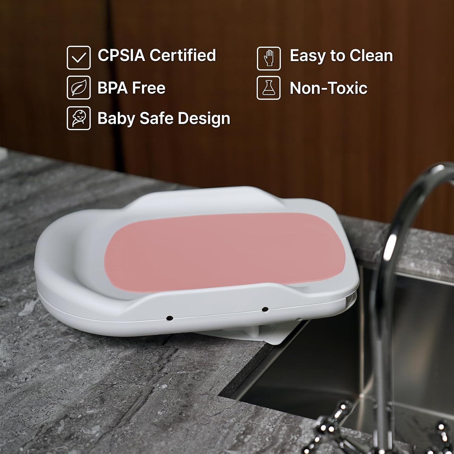 PPBB – Baby Bath Support for Sink & Undermount Bathroom Sink – Easy Hygiene Care for Baby's Bottom, Hands, Face & Hair – Ideal for Eczema, Diaper Rash, Heat Rash – Gray/Pink/Navy/White (Pink) image 5