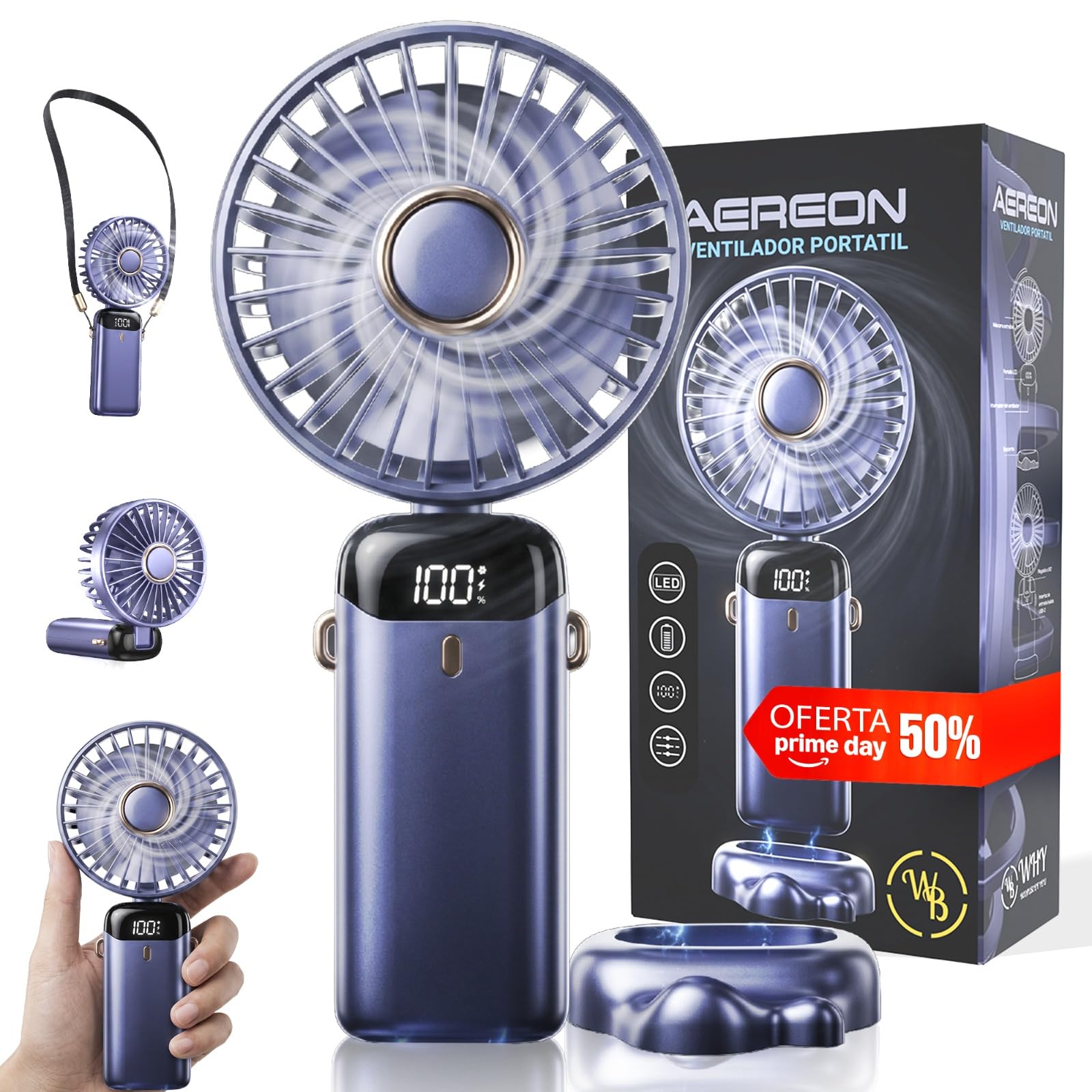 WB® | Ventilador Portátil de Mano Plegable Con Correa Para Cuello | Ventilador Silencioso De Mesa Con Soporte Para Móvil | 5 Aspas y 5 Velocidades | Recargable Para Playa y Oficina pequeña
