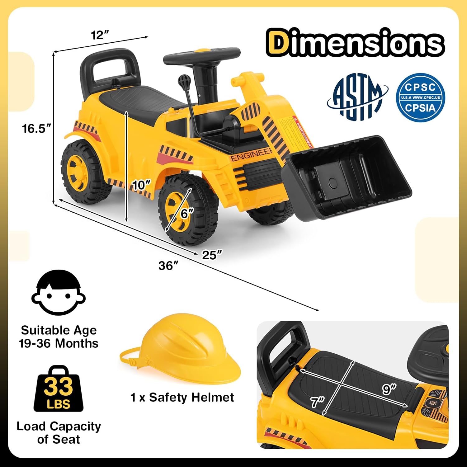 Costzon Ride On Bulldozer, Sit and Scoot Ride on Push Car for Toddlers with Helmet, Front Loader Shovel & Engine Sound, Under-seat Storage, Anti-Rollover Device, Kids Construction Truck, Gift