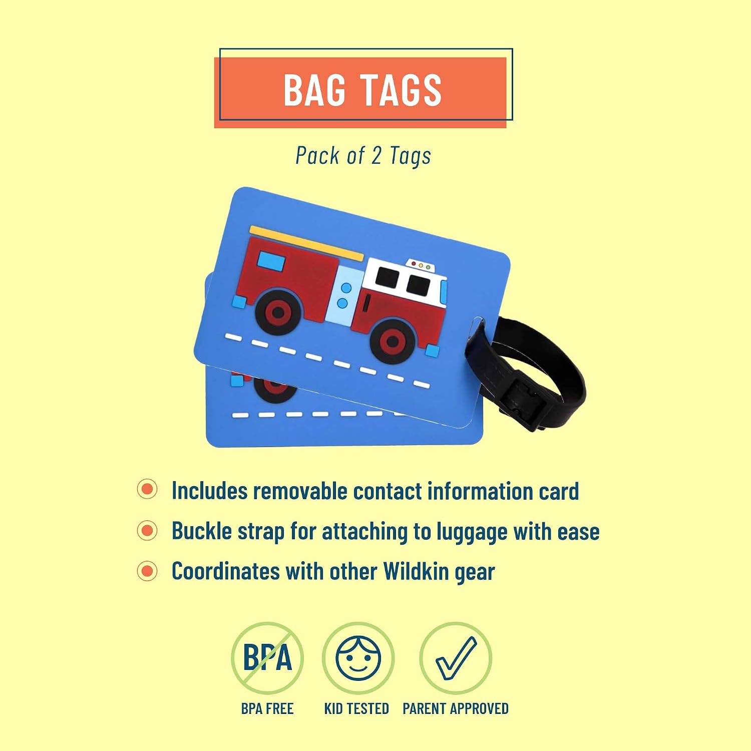 Wildkin Kids Luggage Tags – Set of 2, Durable Bag Tags w/Info Card for Suitcases & Backpacks - Fire Truck