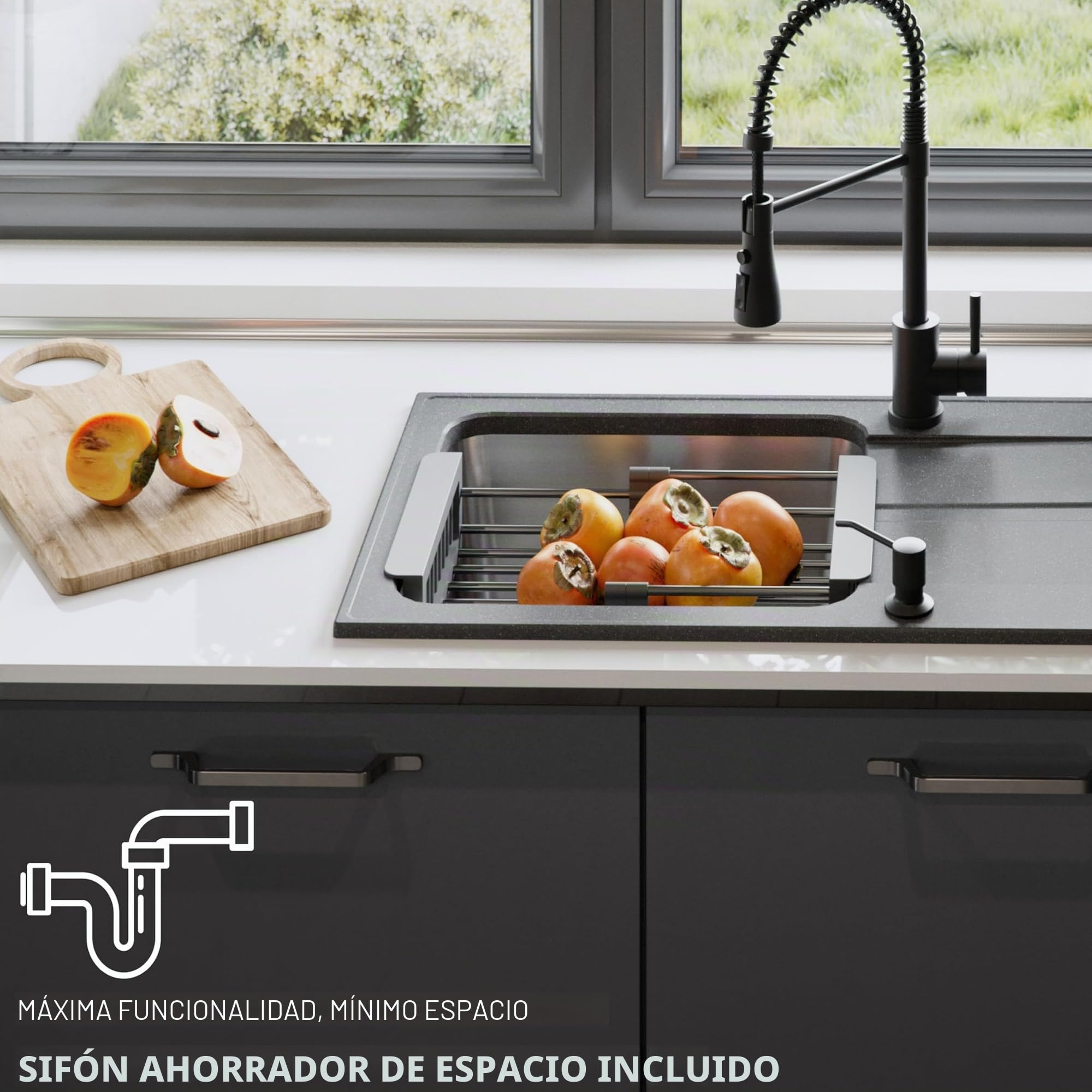 QUADRON fregadero gris | tamaño 78 x 43 cm | RALPH 111 fregadero de cocina de un seno con cubeta de acero | granito y acero inoxidable | con sifón y tapón de rosca | con escurridor