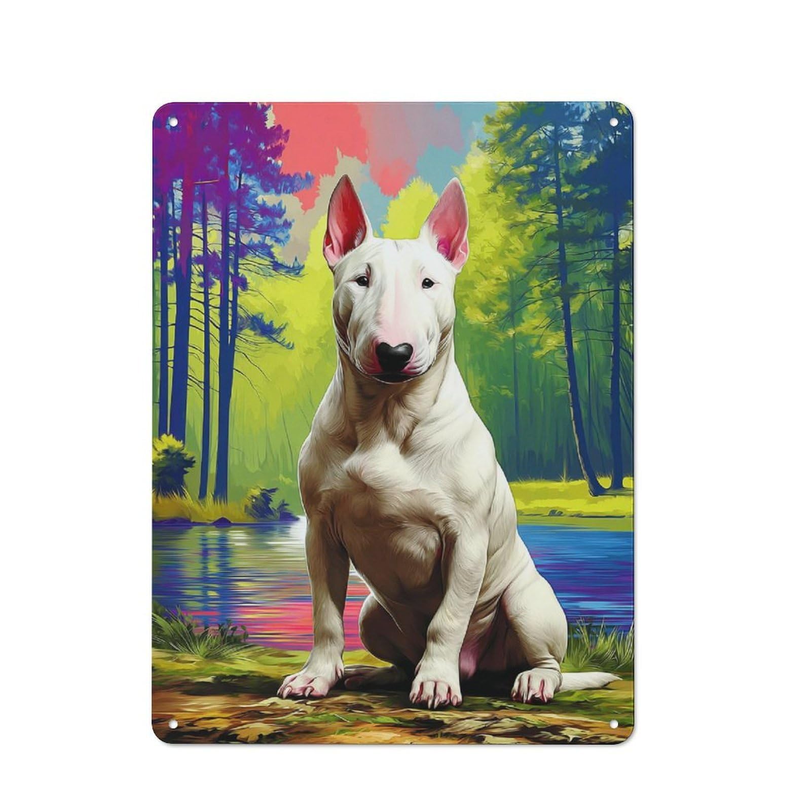 Junmoney Bull Terrier By The Colorful Lake -1 Rustic Metal Wall Sign 40X30cm For Kitchen Or Home Bar, For Garage, Workshop And Man Cave Decoration