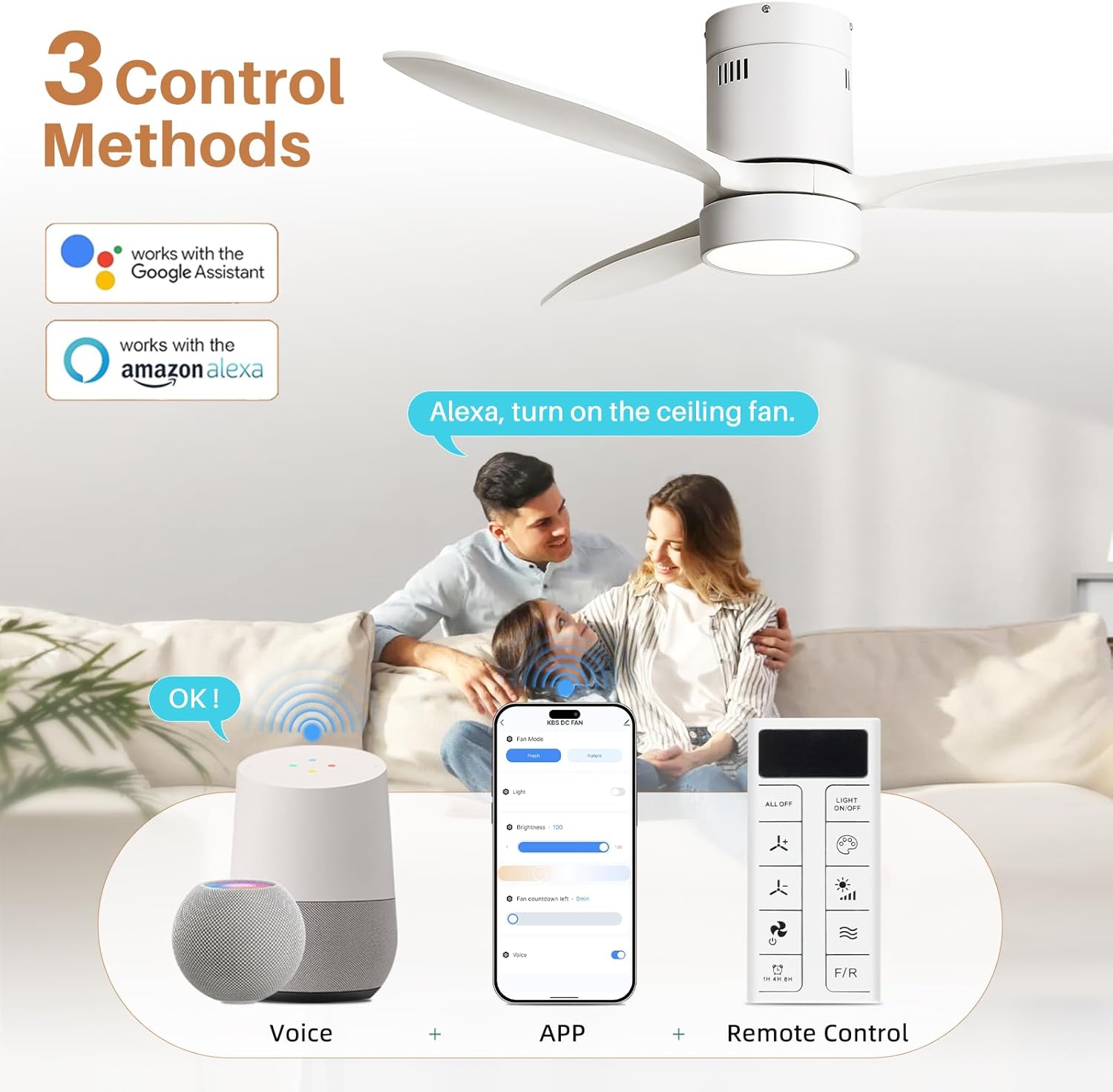 Sofucor 52 Inch Smart Ceiling Fans with Light-Modern Solid Wood Outdoor 3 Blades Ceiling Fan with Light Alexa/Google/APP/Remote Control for Bedroom Living Room Farmhouse Indoor, Quiet DC Motor,White